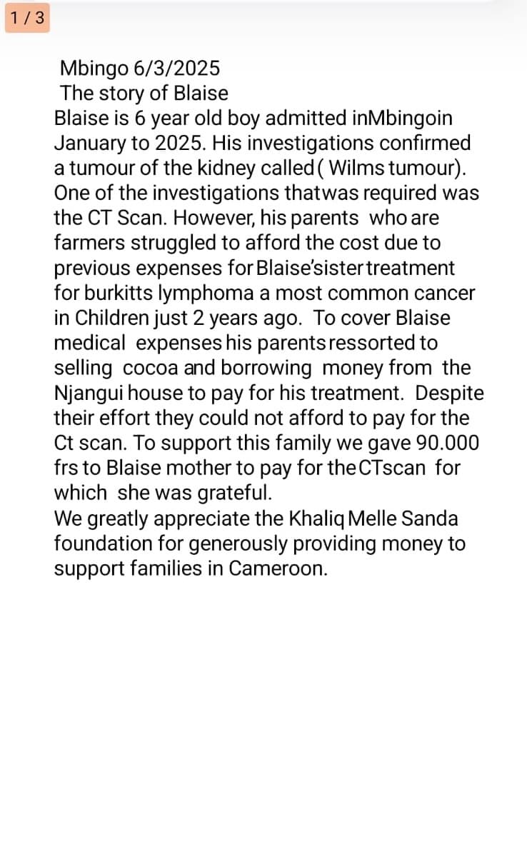 6 Year Old Diagnosed With ‘Wilms tumour’ in Mbingo benefits from Khaliq Melle Sanda Foundation